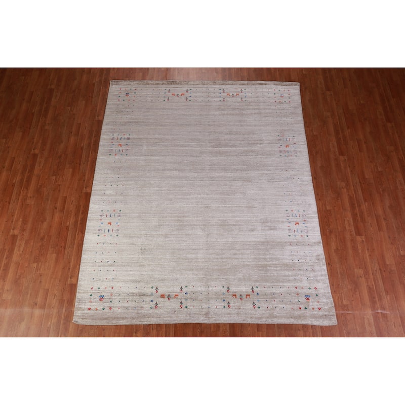 Hand Knotted Oriental 100% Wool Carpet Tribal Stripe Greys & Charcoal Gabbeh Area Rug - 9' 11'' X 7' 11''