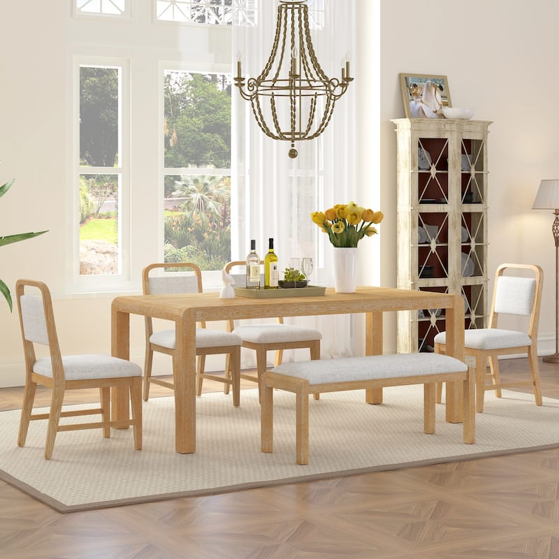 6-Piece Vintage Extendable Dining Table Set for 4-6 with 4 Upholstered Chairs & Bench, Rustic Wire-Brushed Kitchen Table