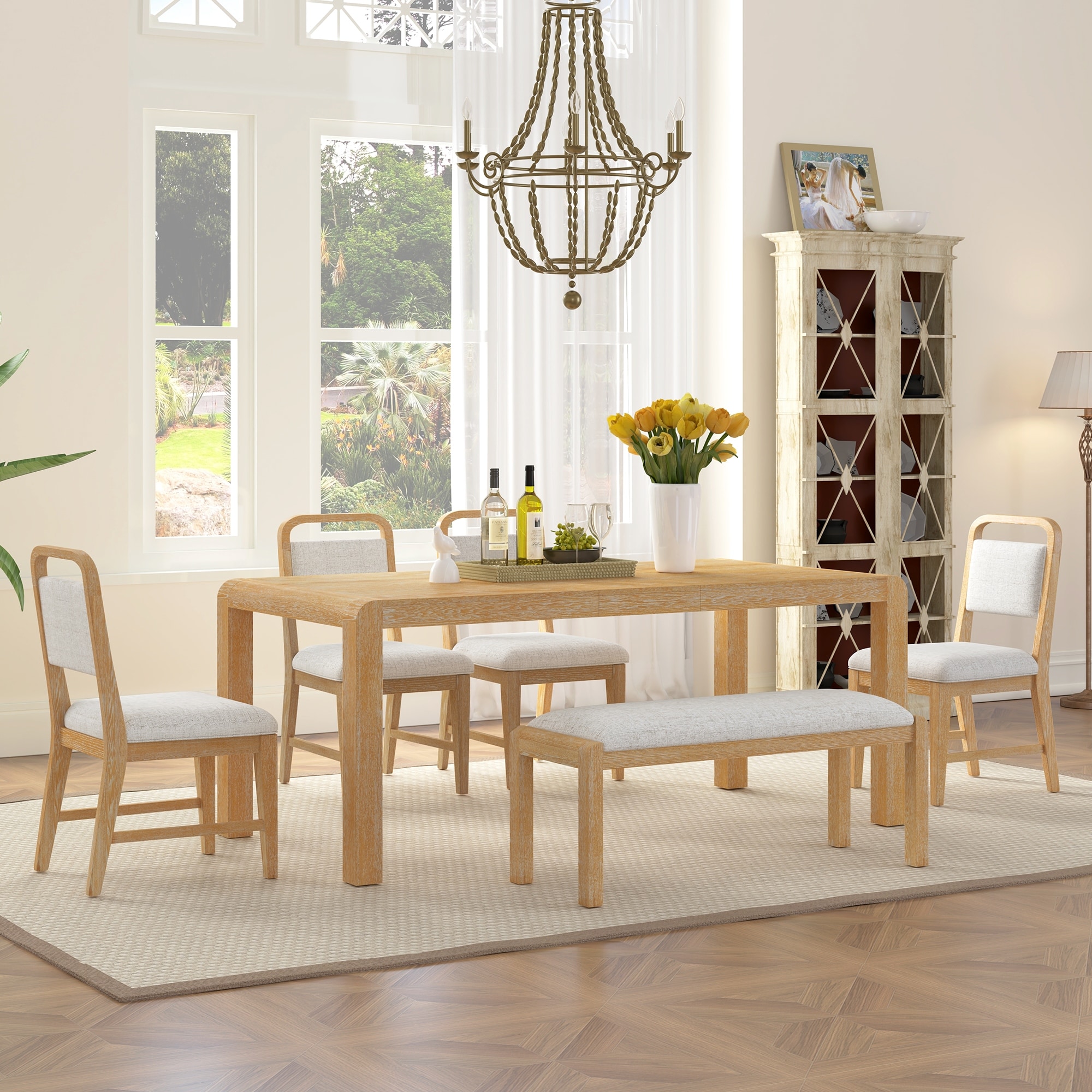 Roomfitters Extendable Dining Table Set for 4-6, Farmhouse Table with Upholstered Chairs & Bench, Rustic Curved Design