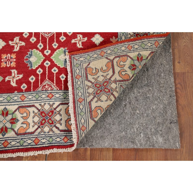 Red Geometric Kazak Accent Rug Hand-Knotted Traditional Wool Carpet - 3'4" x 4'10"