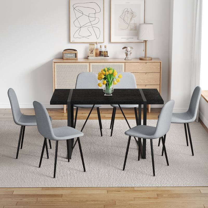 7-Piece Minimalist Retro Dining Table Set, 55-Inch Rectangular Table with Textured Top & 6 High-Resilience Fabric Chairs - Black,Light Gray