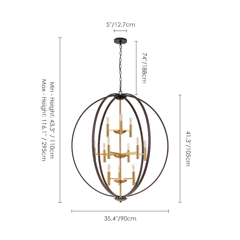 12-Light Brown Aged Brass Mid-Century Modern 3-Tiered Oversized Chandelier with Candle Style - 35.4 in. W x 41.3 in. H