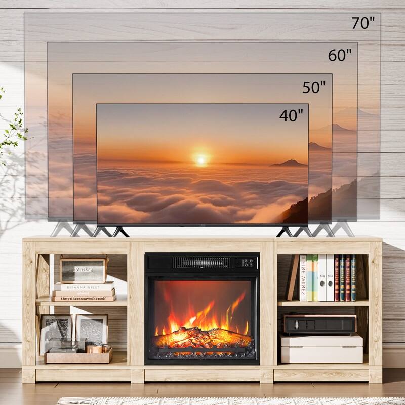 TV Stand with Optional Fireplace for TVs up to 70in Farmhouse Entertainment Center with Adjustable Shelves