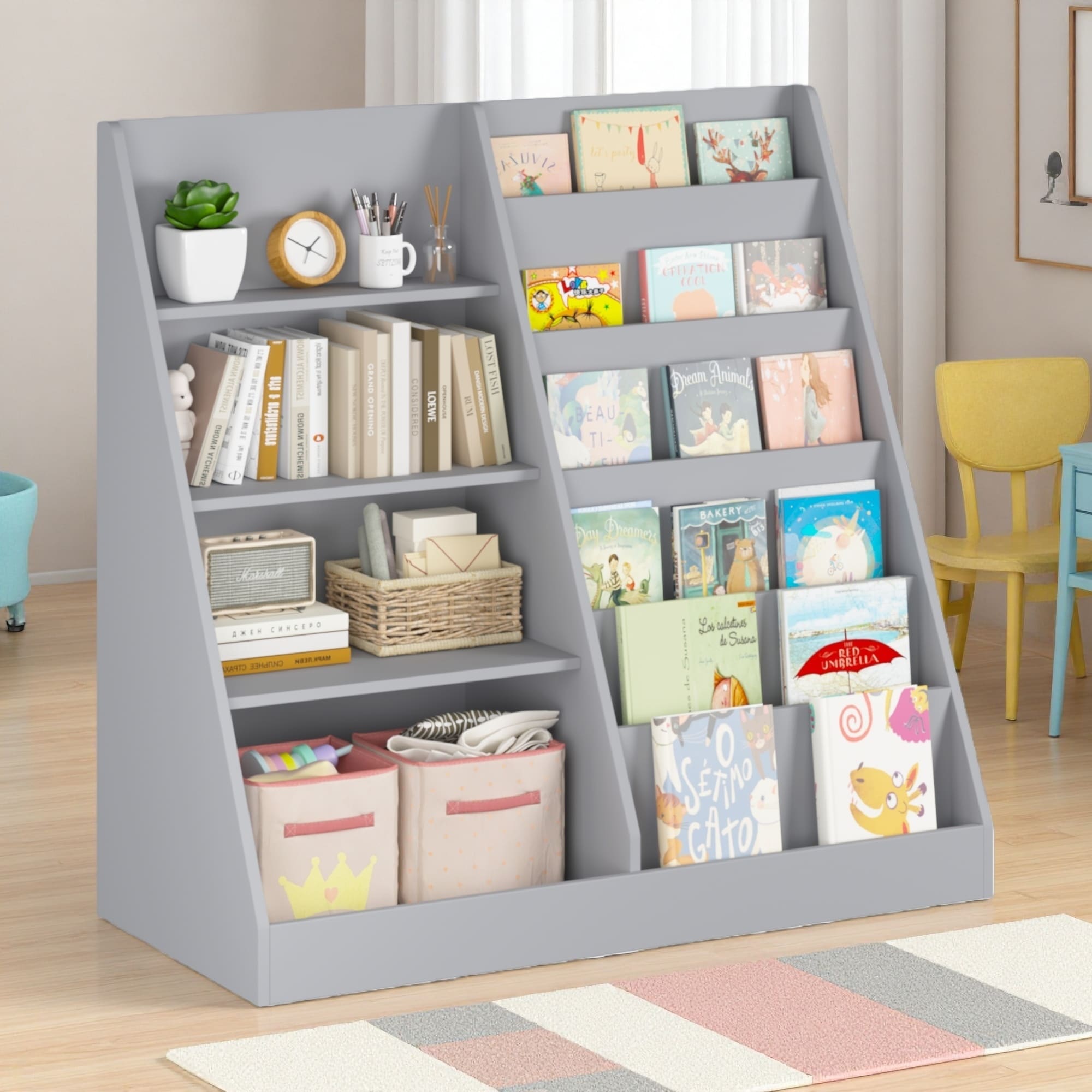 33.47"H 4-Tier Kids Bookshelf and Toy Storage Organizer, MDF Wood, Multi-layer Display Stand with Toy Storage Bin, for Nursery