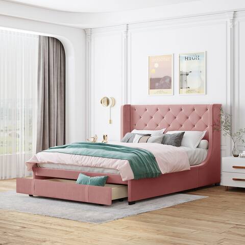 Queen Size Lozenge Pattern Storage Bed Velvet Upholstered Platform Bed with Wingback Headboard / Footside Drawer / 10 Slats