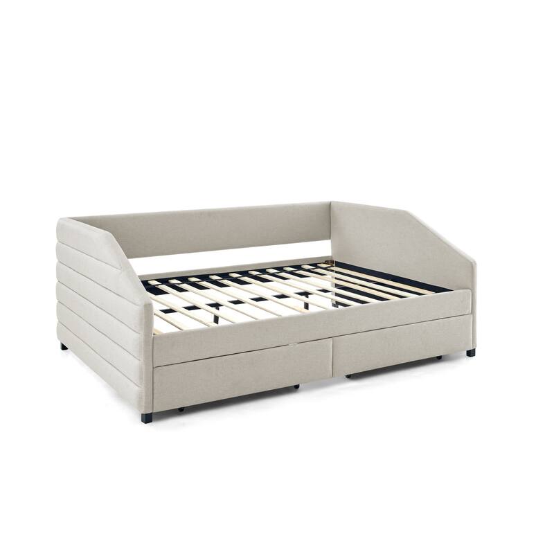 Queen Size Daybed with Two Drawers Trundle Upholstered Tufted Sofa Bed, Linen Fabric