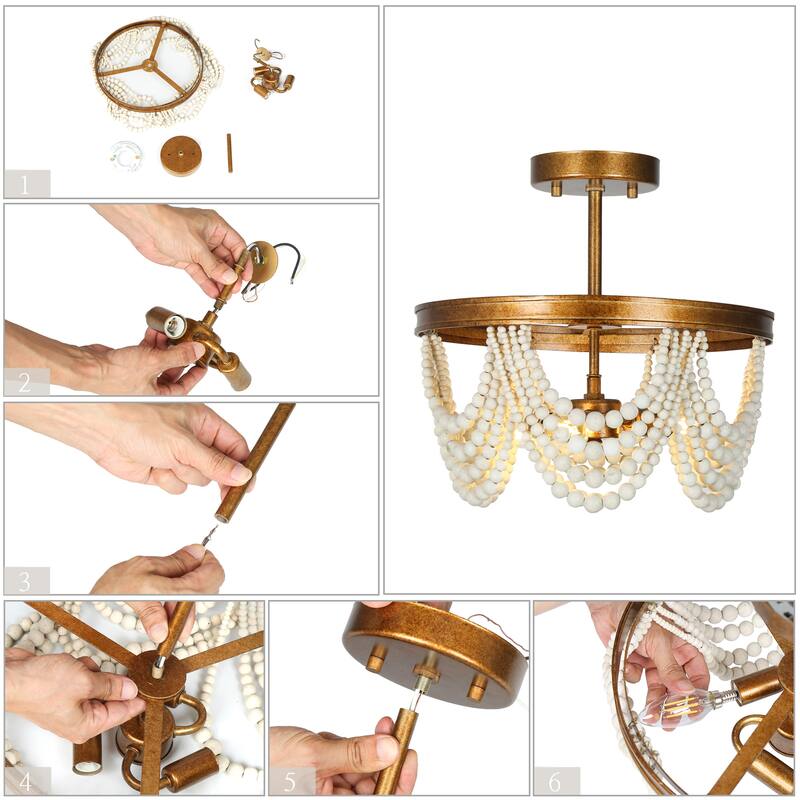 Renia Mid-century Modern Gold Semi Flush Mount Ceiling Lights Distressed White Wood Beads Chandelier Kitchen Bedroom Hallway