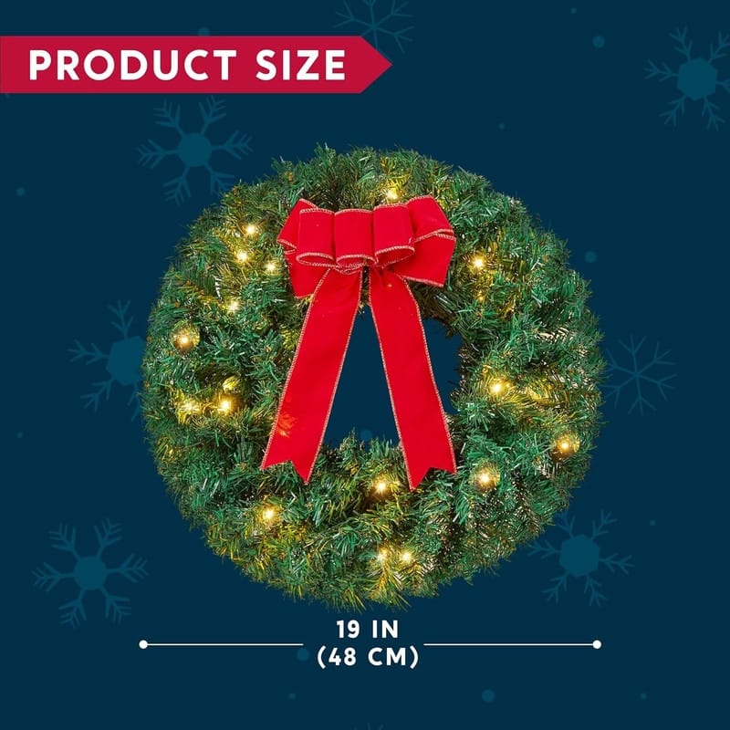 19" Christmas Wreath with LED Lights with Ribbon, 3 Pcs Christmas Wreaths for Front Door