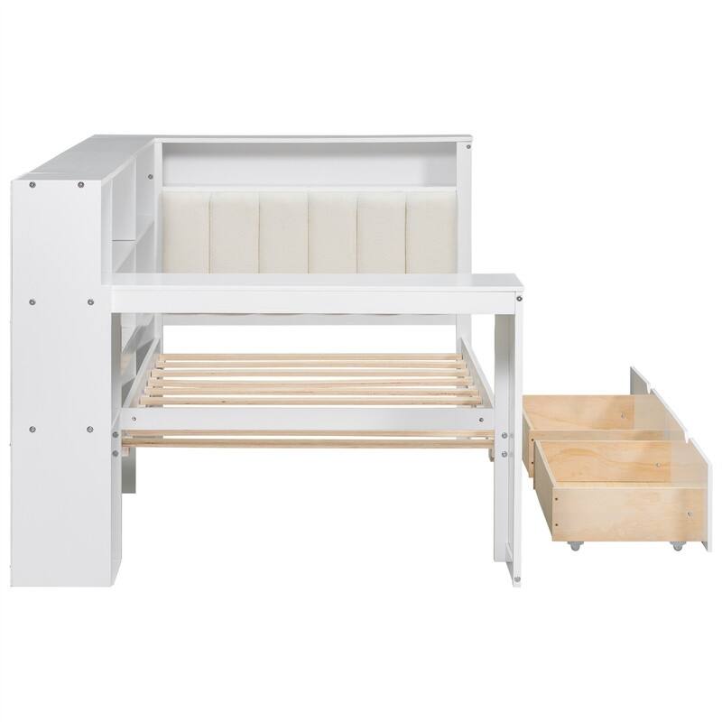 Twin/Full Size Daybed with LED Light, Side Desk and 2 Drawers, Wooden Sofa Bed with Storage Shelves and Upholstered Headboard