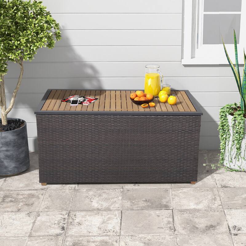 Gymax 134 Gallon Patio Wicker Storage Deck Box w/ Solid Acacia Wood