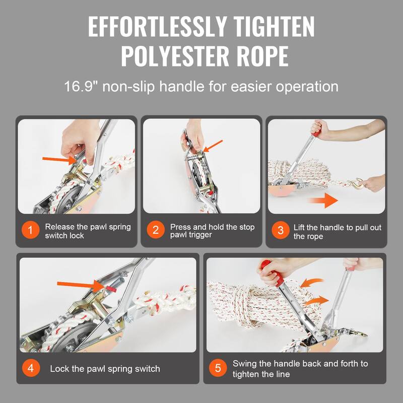 UIMOSO Rope Puller, 3/4 Ton (1,653 lbs) Pulling Capacity, with 100' of 0.6" dia. Rope, 2 Hook, Come Along Winch