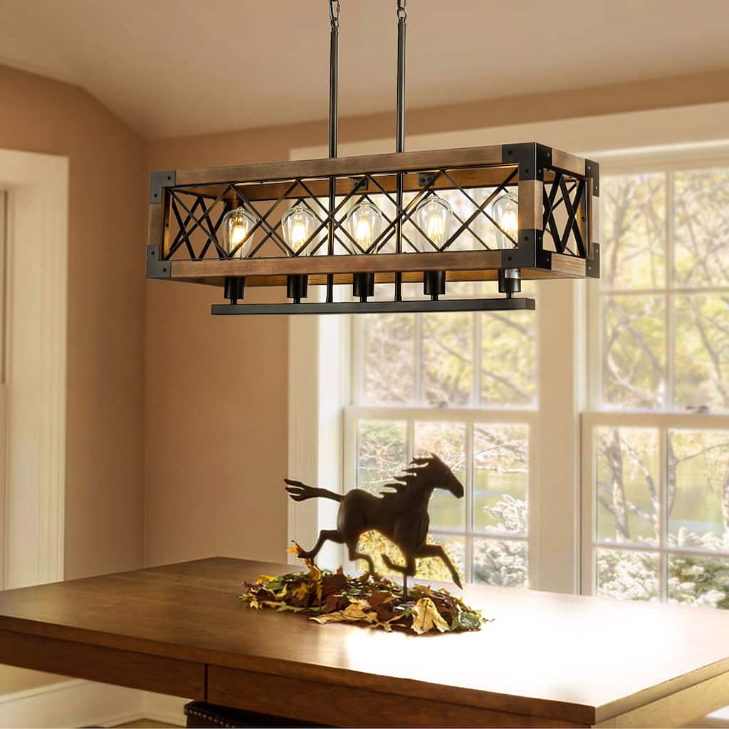 5-Light Farmhouse Square/Rectangle Kitchen Island Chandelier with Solid Wood Accent