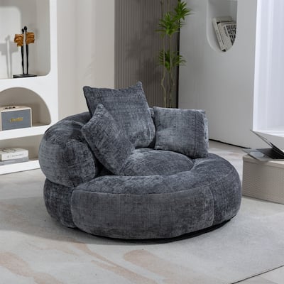 Oversize Oval Padded Lounger Chair, Upholstered Bean Bag Couch with 3 Pillows, Chenille Fabric Lazy Sofa Chair