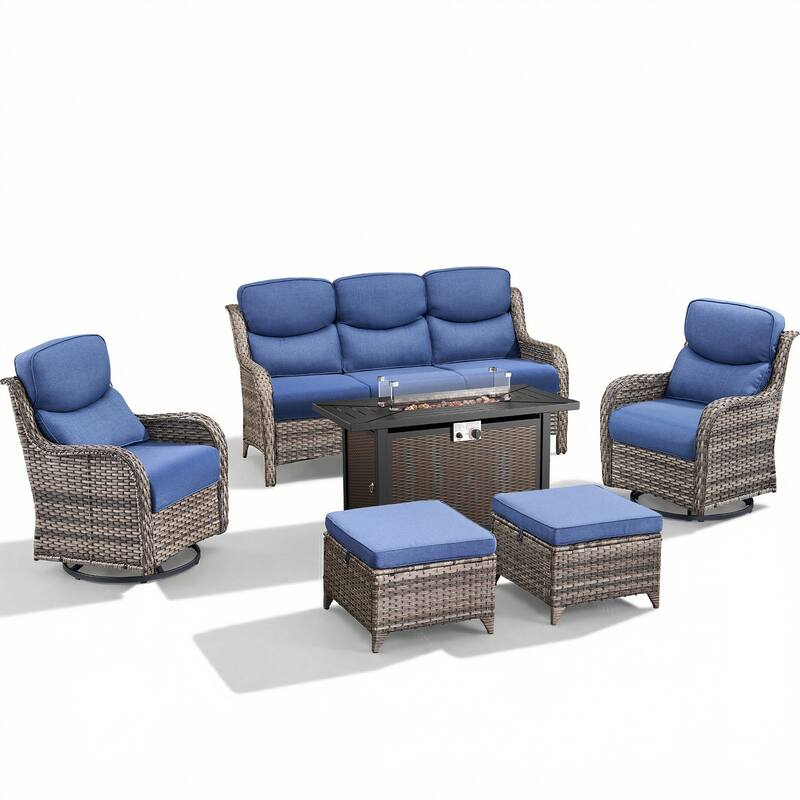 Pocassy 6/7 Piece Patio Sofa Swivel Chair Set with 43" Fire Pit Table