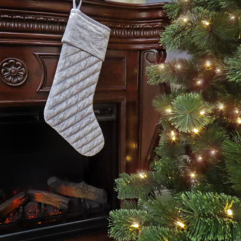 National Tree Company 19 in. HGTV Home Collection Quilted Velvet Stocking, Silver - 10in