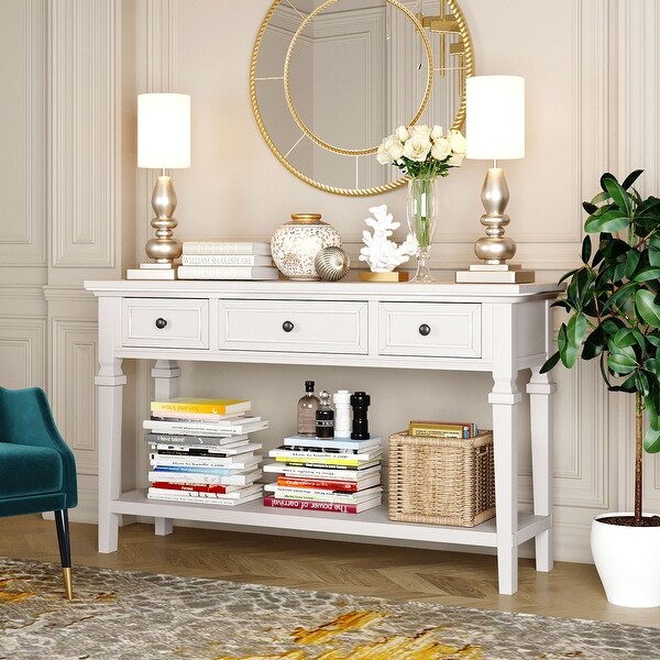 Antique White 3 Drawers Entryway Sofa Console Table with Bottom