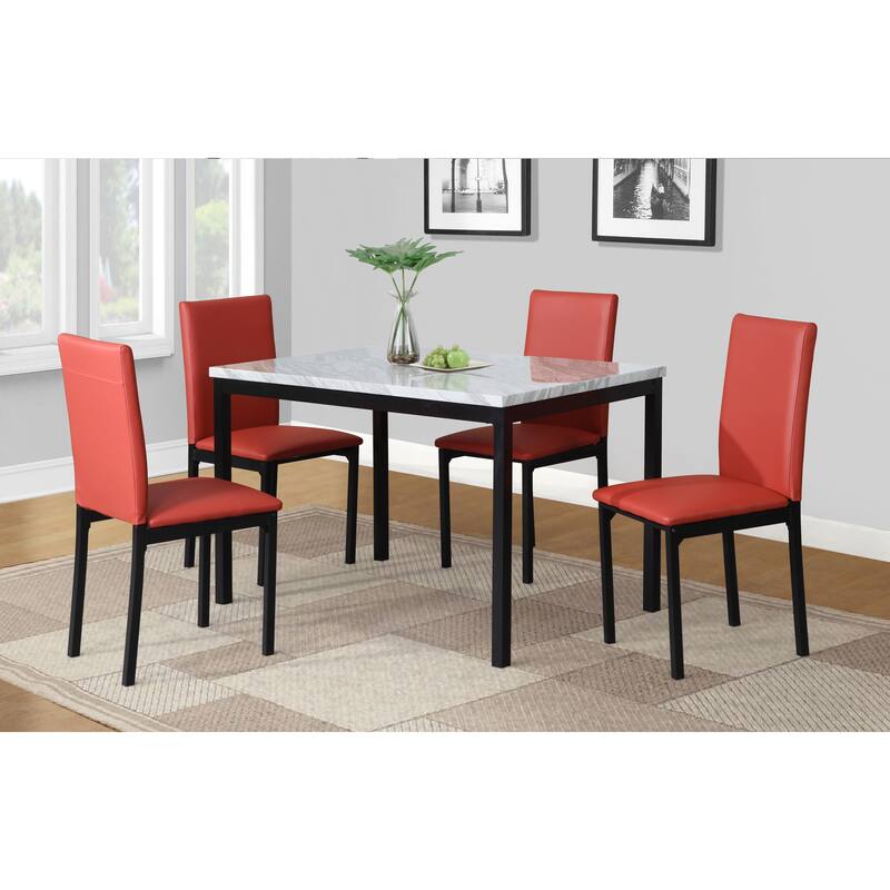 5 Piece Dining Table Set for 4, Faux Marble Dinette Table w/4 Chairs - White+Black+Red