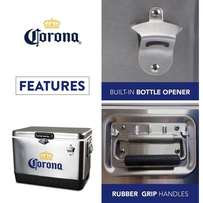Corona Ice Chest Beverage Cooler with Bottle Opener, 51L (54 qt), 85 Can Capacity, Silver and Black