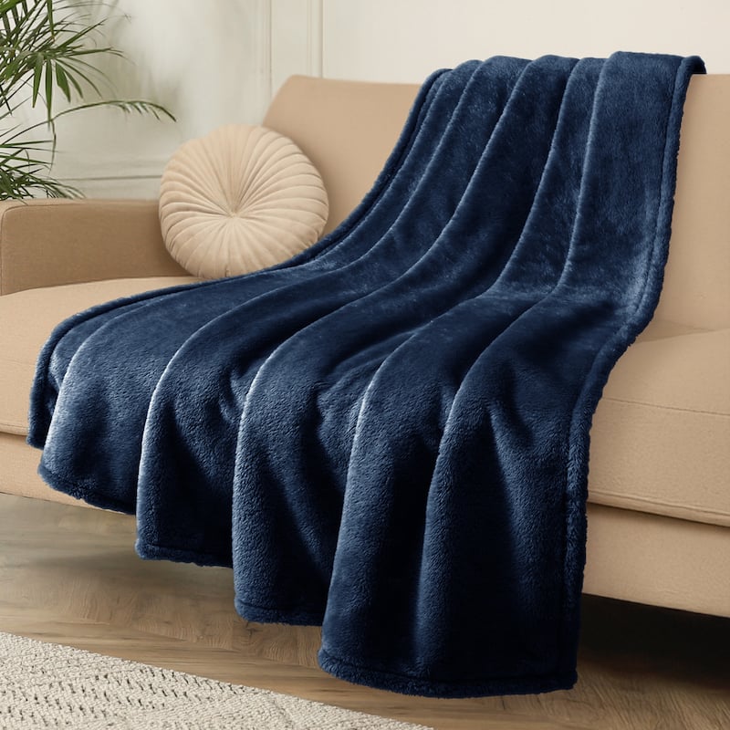 Luxury Double-Sided Plush Fleece Blanket - Ultra-Soft, Reversible, All-Season Comfort Throw - Navy - 92 x 90 in