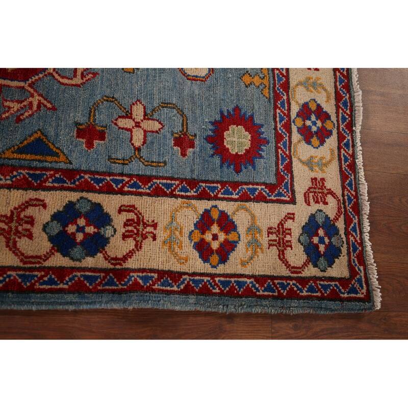 Light Blue Geometric Kazak Oriental Accent Rug Handmade Wool Carpet - 3'6" x 4'11"
