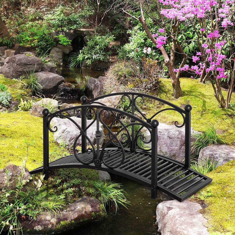 Outsunny Classic Garden Bridge with Safety Railings Arc Footbridge Decorative Pond Bridge for Backyard Creek Stream, Rust Brown