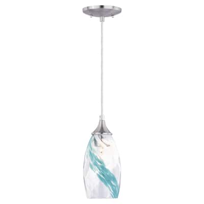 Milano Satin Nickel Mini Pendant Ceiling Light Blue Glass - 4.75-in W x 9.75-in H x 4.75-in D