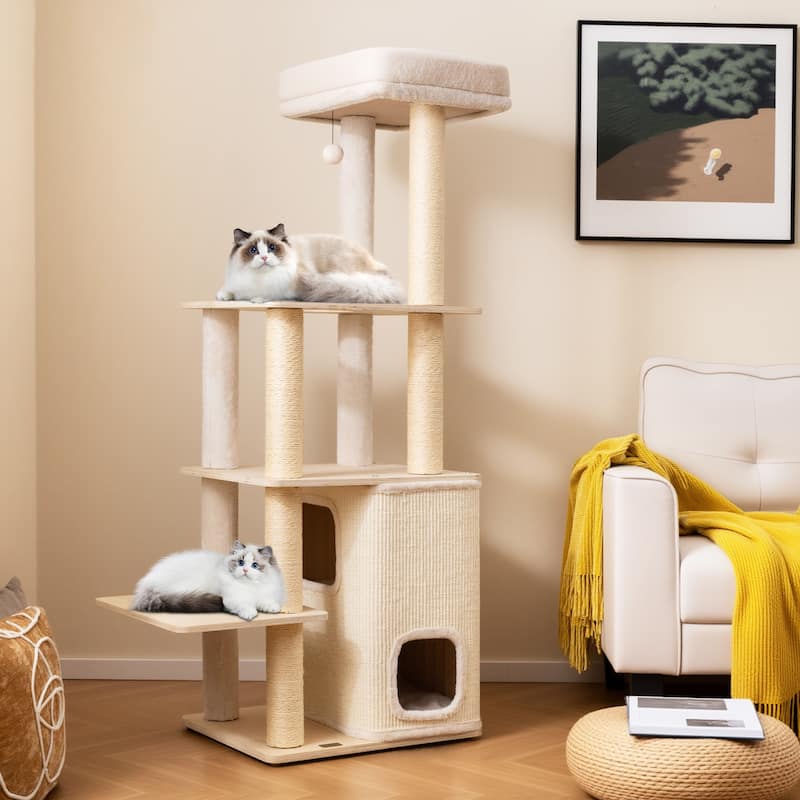 Gymax 63'' Tall Wooden Cat Tree w/2-Story Condo Plush Padded Top Perch