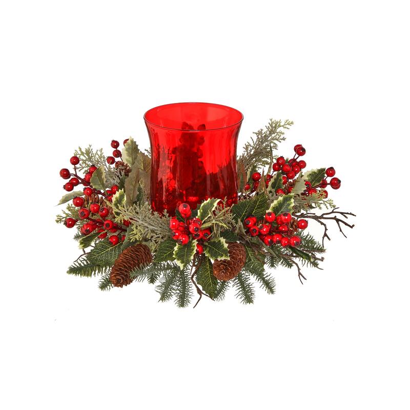 16"Spruce/Cedar/Holly Wpberry Glass Cand/Hldr - 16"