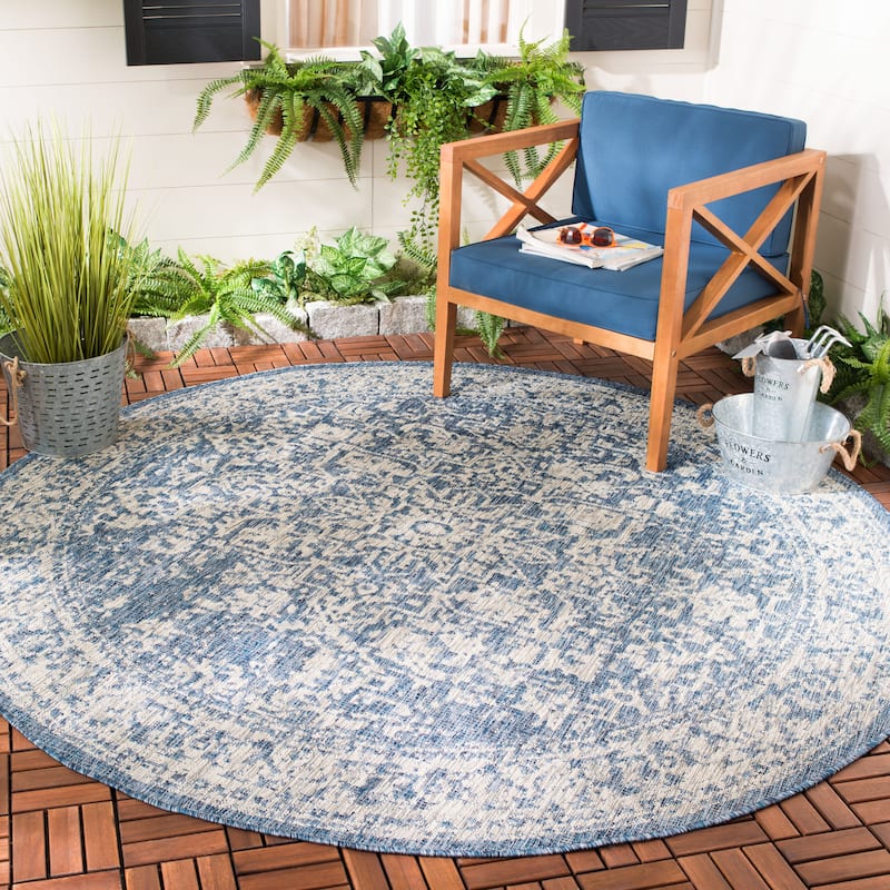 SAFAVIEH Courtyard Gunsel Outdoor Waterproof Patio Backyard Rug - 6'7" Round - Navy/Grey