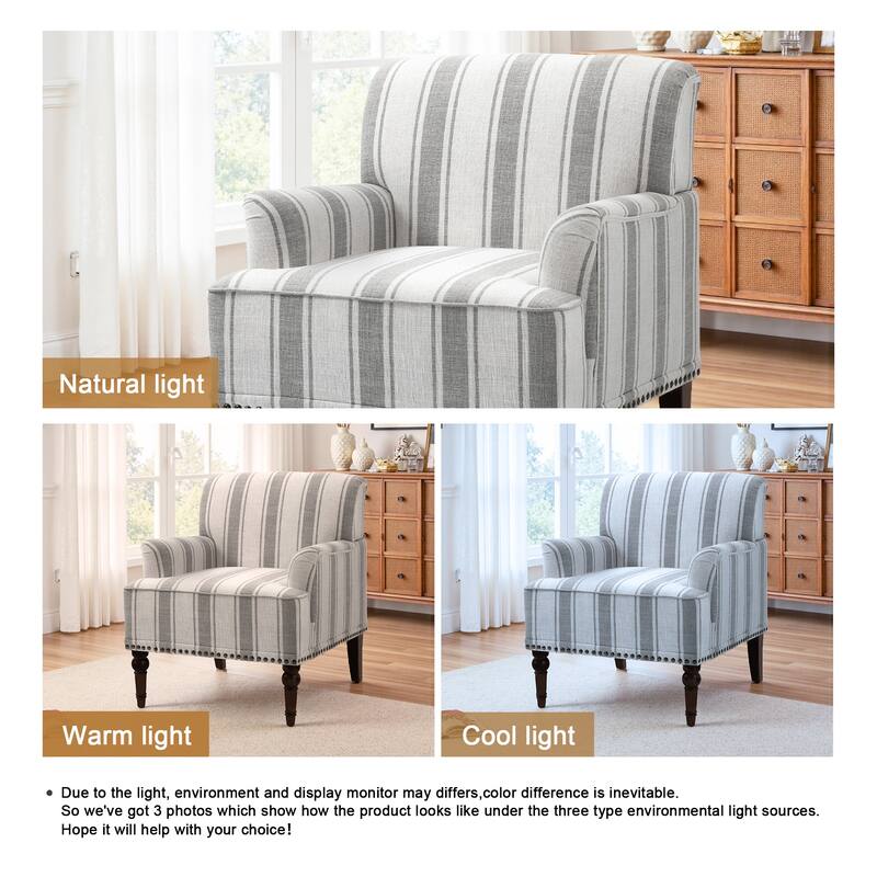 Striped Upholstered Linen Armchair with Brass Nailhead Trim