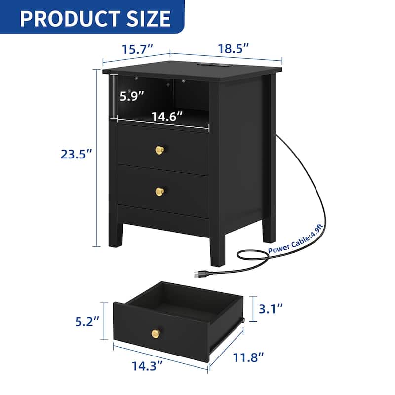 Moasis Modern LED Nightstand Set of 2 with Drawer and Storage Shelf, Bedside Table with Charging Station