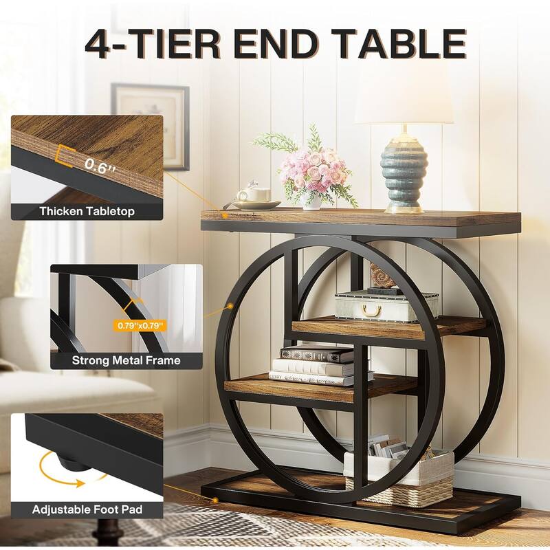 Industrial 4-tier Wood Narrow Side End Table with Storage Shelves