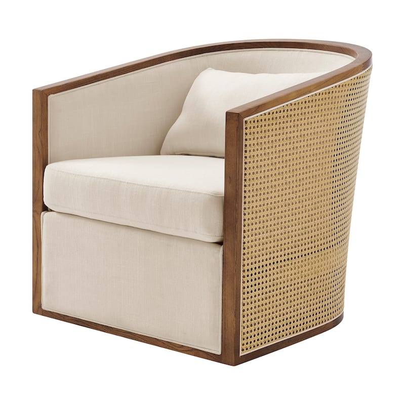 NPD Furniture Marilyn Linen Swivel Accent Arm Chair with Rattan - Shortbread/Nettlewood frame