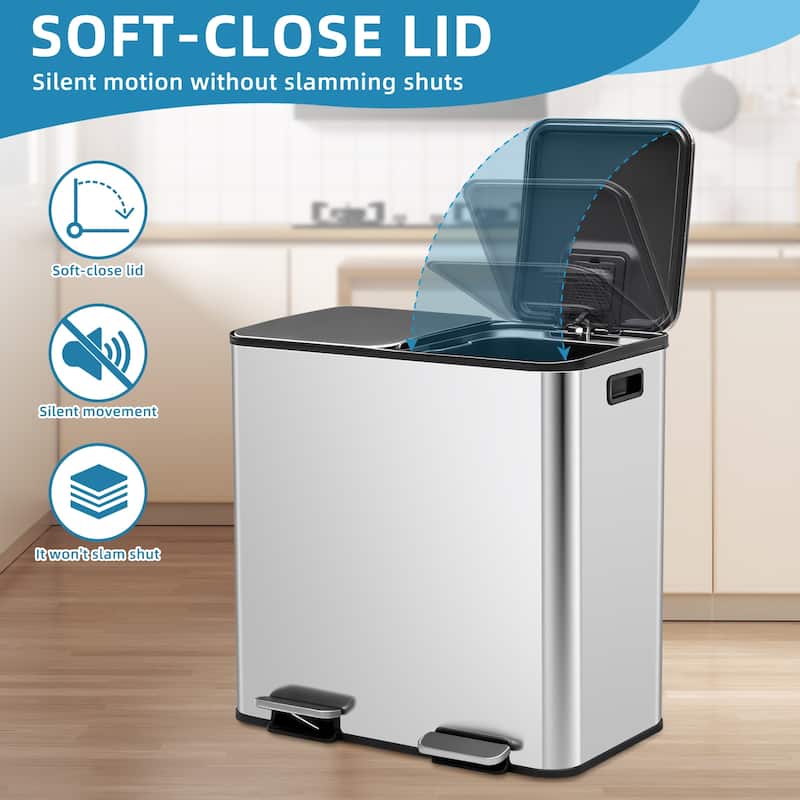 Kitchen Trash Can, 16 Gallon Garbage Can with Dual Inner Bins, Large Capacity 60/80 Liter Trash Can with Soft-Close Foot Pedal
