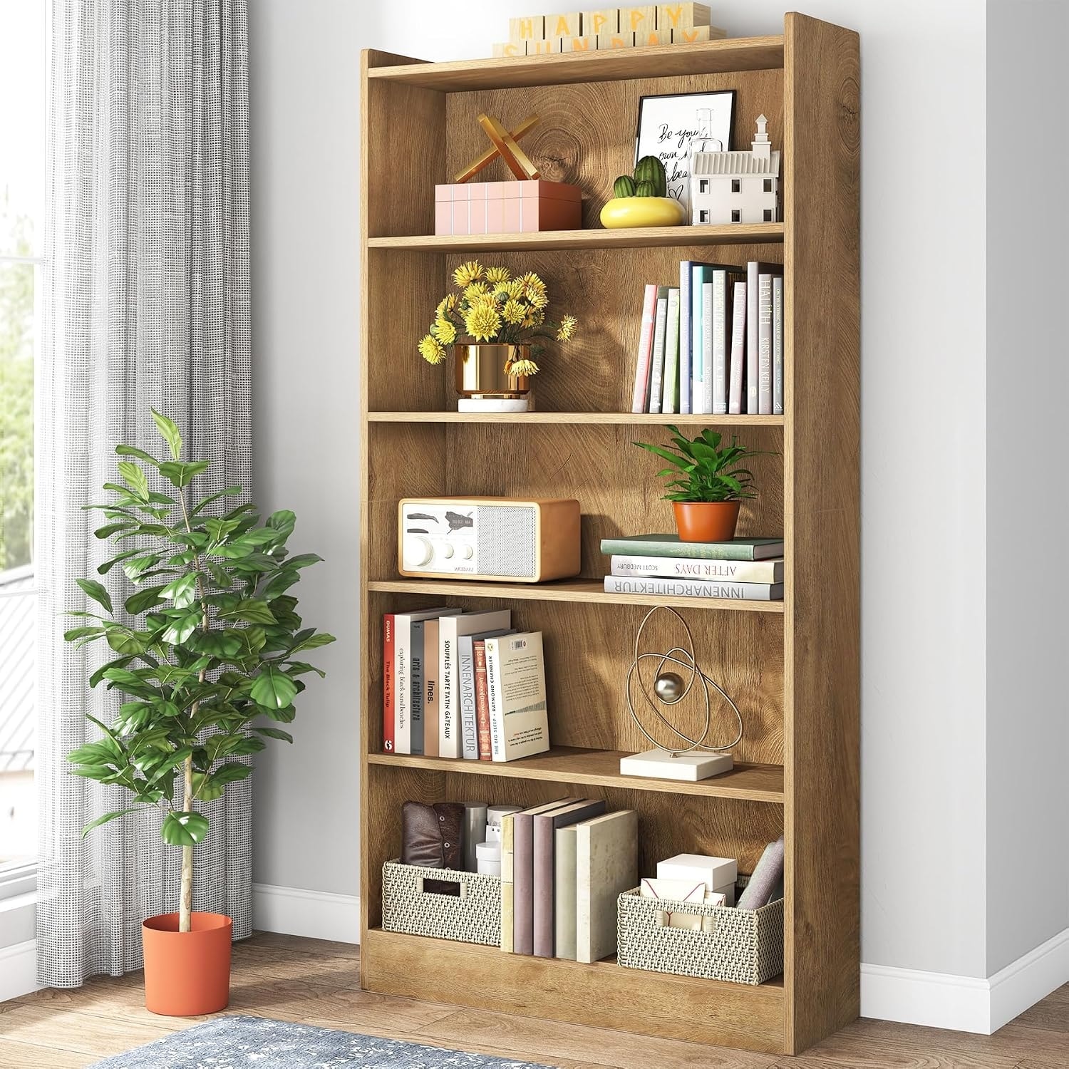 72-Inch Bookcase, 6-Tier Farmhouse Bookshelf with Open Storage