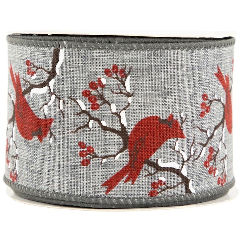 Gray and Red Cardinal Wired Craft Christmas Ribbon 2.5" x 10 Yards