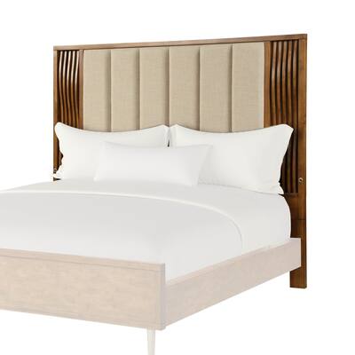 Fabric Wooden Frame High Queen Headboard with Wave Design, Brown and Beige