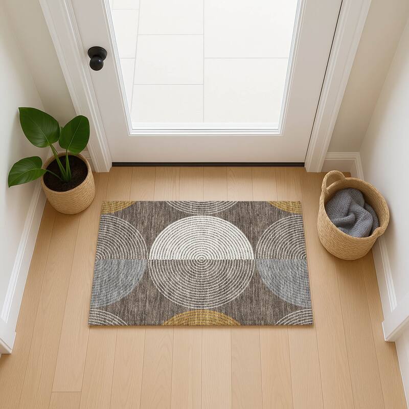 Machine Washable Indoor/ Outdoor Casual Circles Chantille Rug