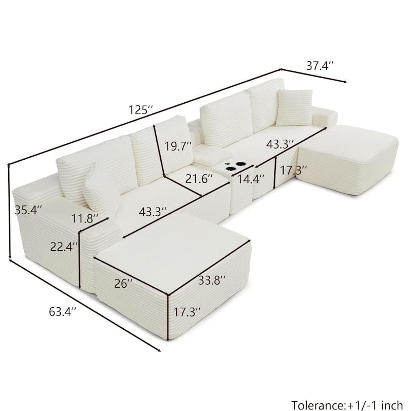 125" L Shaped Sectional Sofa with 2 Ottomans, Cloud Corduroy Couch with Deep Seat, Cup Holders and USB Ports