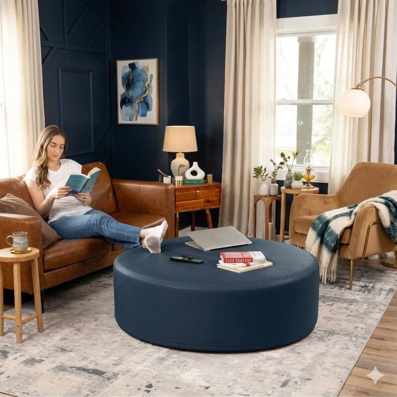 Jaxx Candler Round Couch Ottoman Large Coffee Table & Foot Rest, 44-Inch