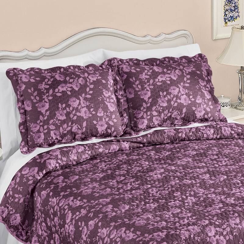 Unique Rose Design Scalloped Edge Pillow Sham - Aubergine