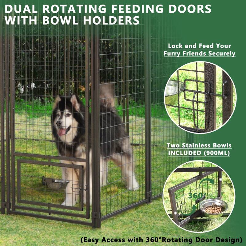VEIKOUS Outdoor Dog Cage Kennel Fence with Rotating Feeding Door, Cover, and Stainless Bowls
