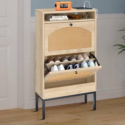 Farmhouse Style Wooden Shoe Storage Cabinet with Charging Station