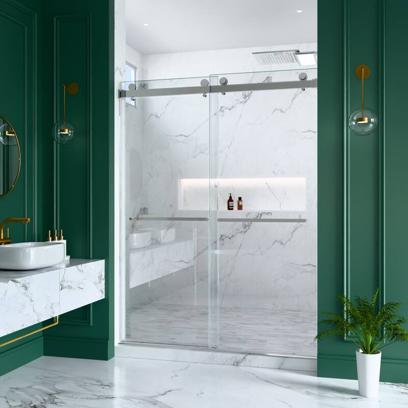 GDFStudio - Modern Minimalist Frameless Double Sliding Shower Door with 3/8" SGCC Tempered Glass & Stainless Steel Hardware