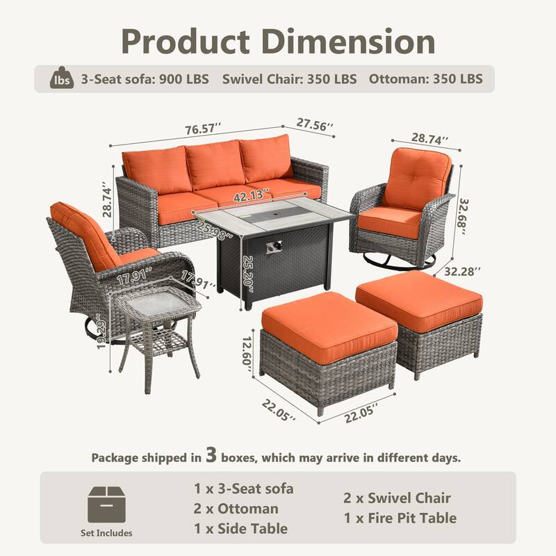OVIOS 7-piece Patio Wicker Swivel Rocking Chair Set With Fire Pit