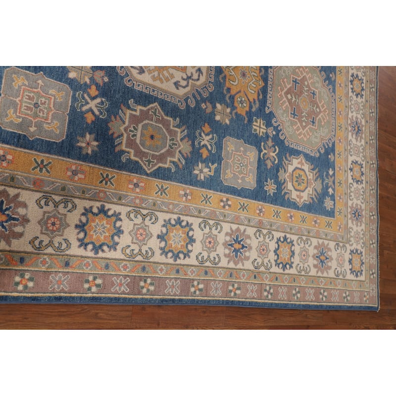 Blue Geometric Kazak Oriental Rug Handmade Traditional Wool Carpet - 6'8" x 10'0"