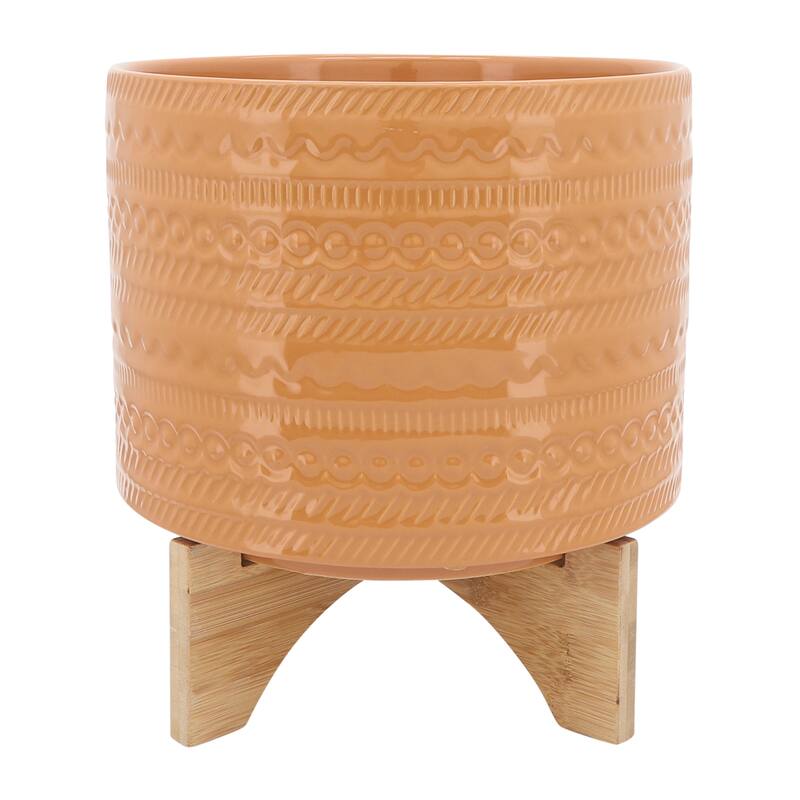 Sagebrook Home Tribal Ceramic Planter Pot with Natural Wood Stand