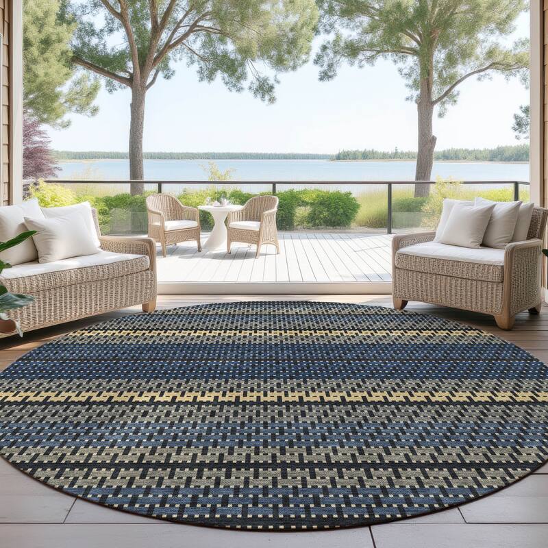 Machine Washable Indoor/ Outdoor Boho Stripe Chantille Rug - Navy - 8' x 8'