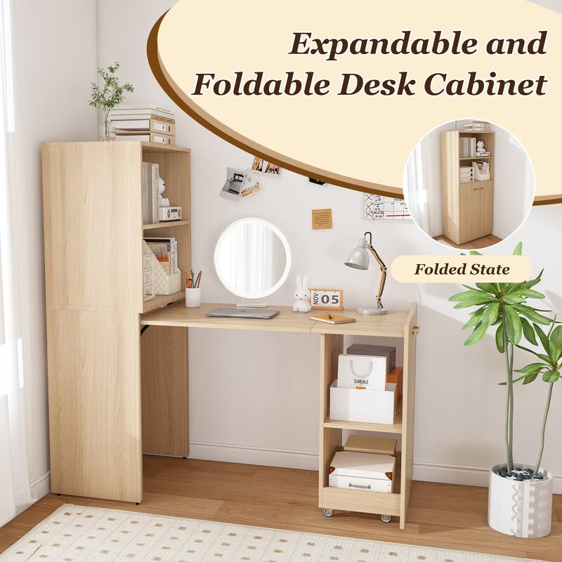 Stretchable desk, office desk with storage shelves and mobile wheels, suitable for small apartments and offices
