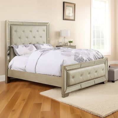 Transitional Style California King Wooden Bed with Mirror Details, Gold